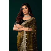 Olive net sequence saree with unstitched blouse, detailed view showcasing intricate patterns