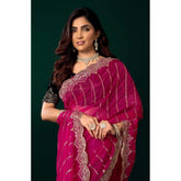 Pink net sequence saree with unstitched blouse (5.5mtr), traditional Indian women's wear on mannequin