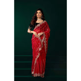 Red net sequence saree with unstitched blouse (5.5mtr), ornate traditional Indian women's wear on mannequin