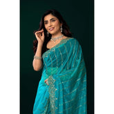 Turquoise net sequence saree with unstitched blouse (5.5mtr), traditional Indian women's attire