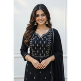 Black Georgette ethnic motif kurti & pant dupatta set, traditional round neck & calf-length 3/4 sleeves