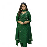 Women's Georgette Ethnic Motif Round 3/4th Sleeve Kurti With Pant Dupatta Set (Green)
