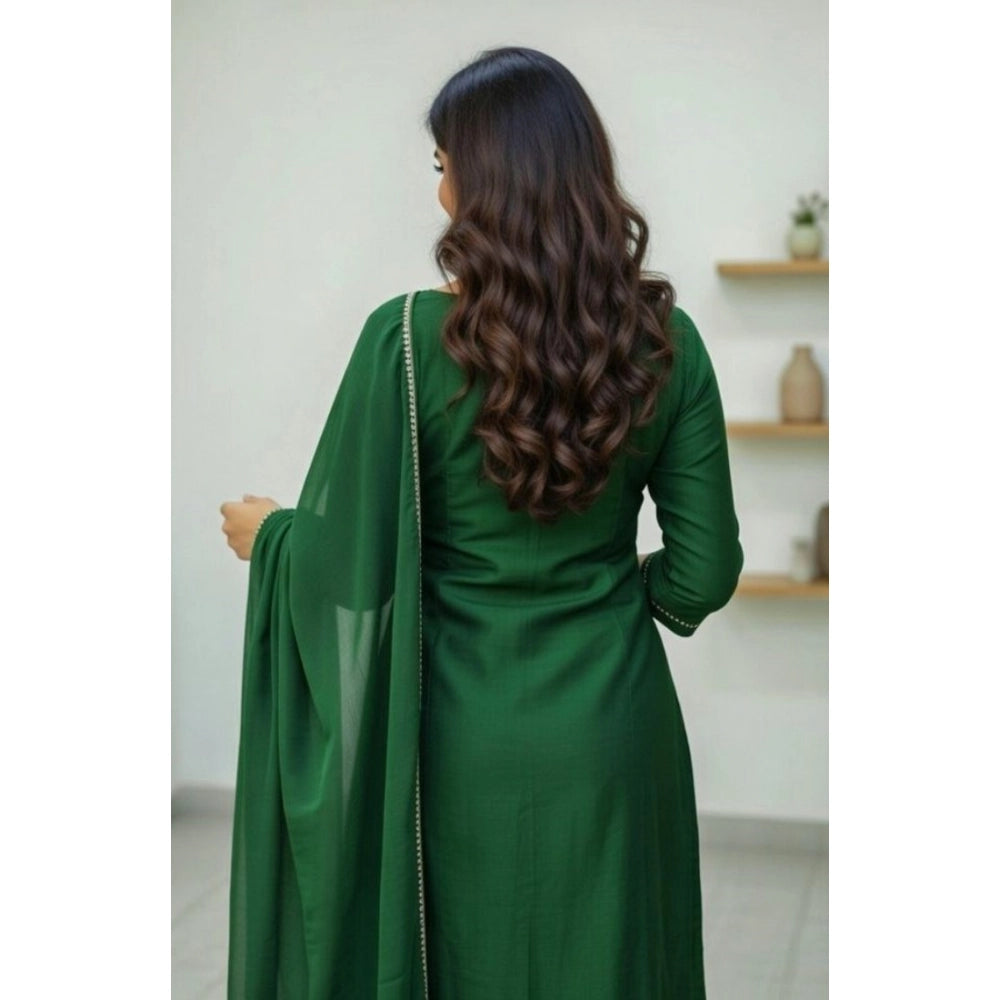 Green Georgette ethnic motif kurti and pant dupatta set with calf-length, round neck, 3/4 sleeves