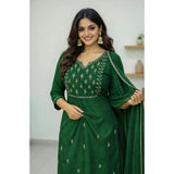 Green Georgette ethnic motif kurti set with calf-length pant dupatta, round neck and 3/4 sleeves