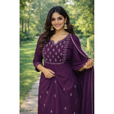 Women's Georgette Ethnic Motif Round 3/4th Sleeve Kurti With Pant Dupatta Set (Magenta)