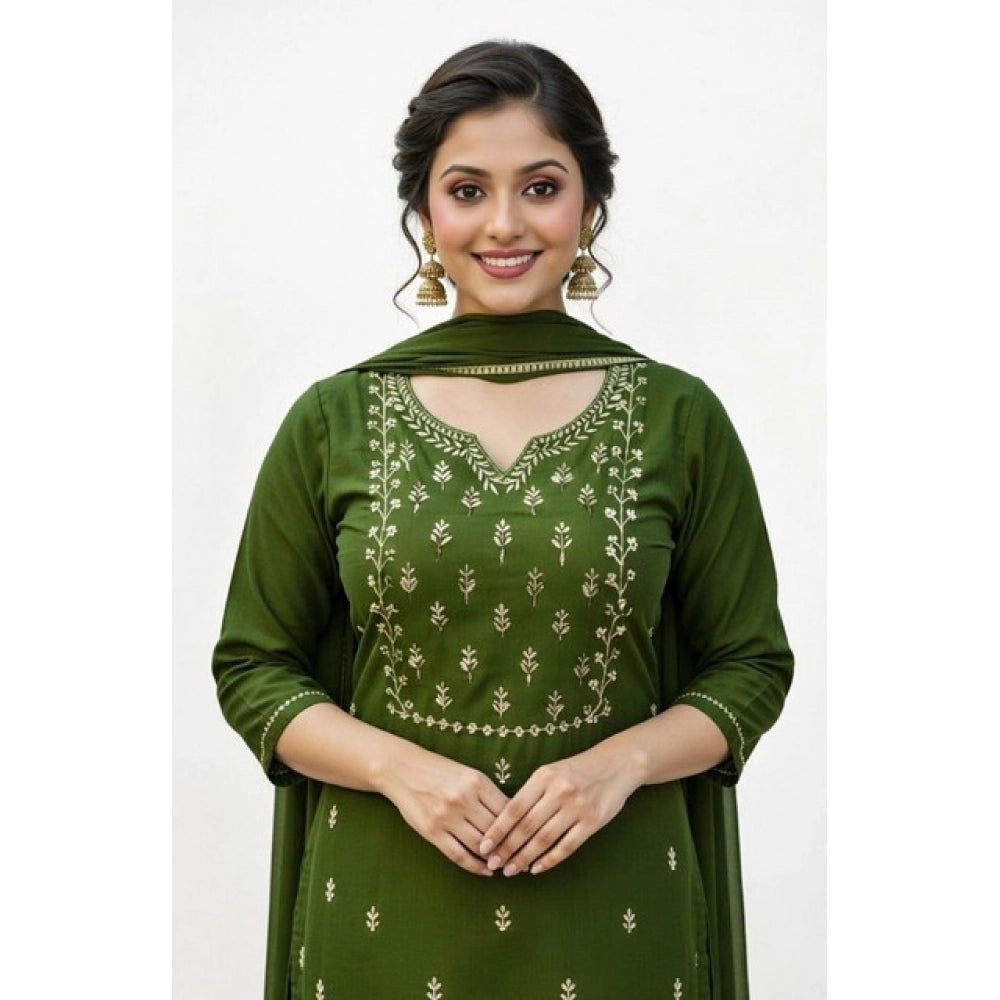 Women's Georgette ethnic motif round 3/4th sleeve kurti with pant dupatta set, Mahendi color, calf length, round neck, 3/4 sleeves