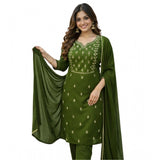Women's Georgette ethnic motif round 3/4th sleeve kurti with pant dupatta set, Mahendi color, calf length, round neck, 3/4 sleeves
