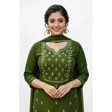 Women's Georgette ethnic motif round 3/4th sleeve kurti with pant dupatta set, Mahendi color, calf length, round neck, 3/4 sleeves