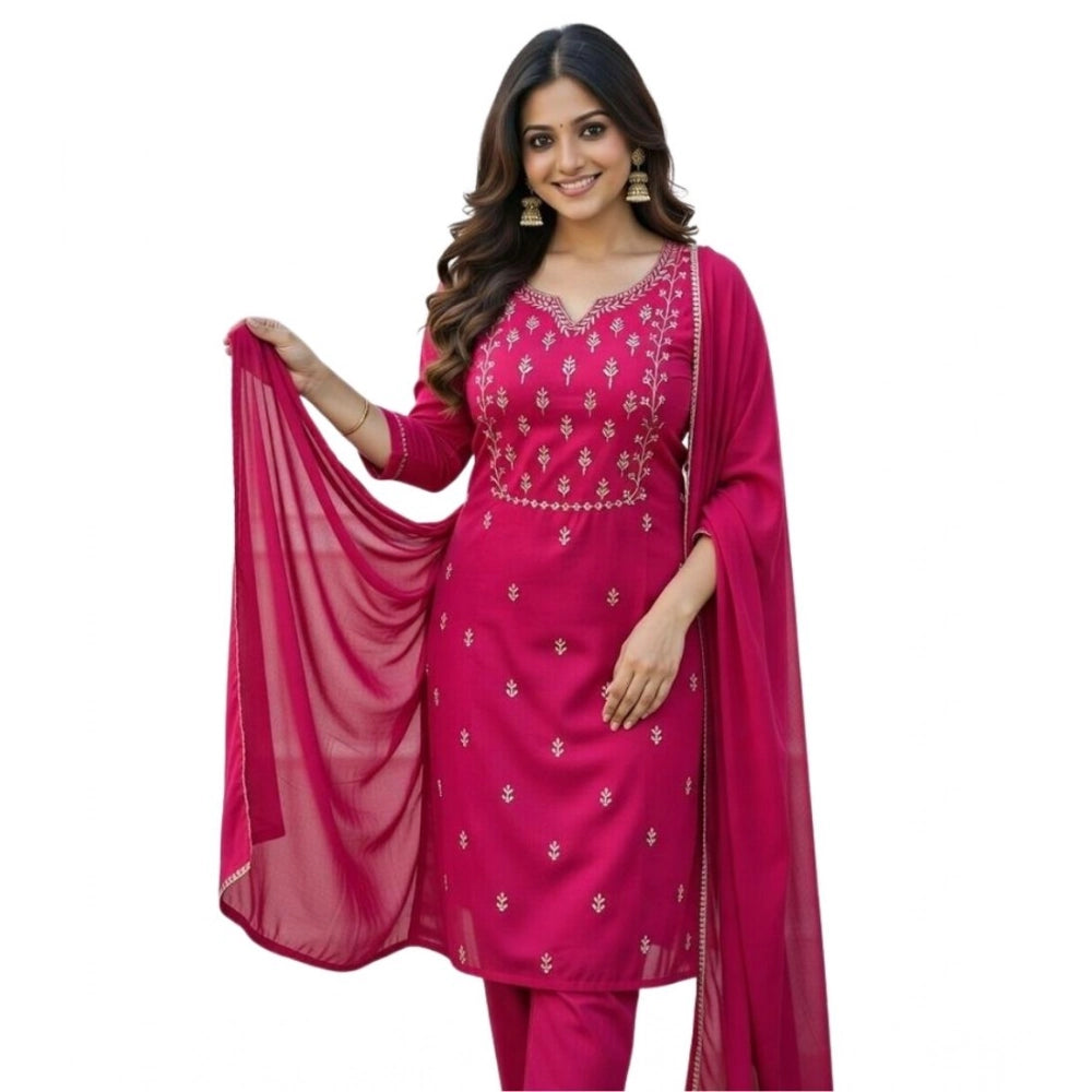 Pink Georgette Ethnic Motif Kurti & Pant Dupatta Set, calf-length, round neck, 3/4 sleeves