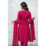Pink Georgette Ethnic Motif Kurti & Pant Dupatta Set, calf-length with round neck & 3/4 sleeves