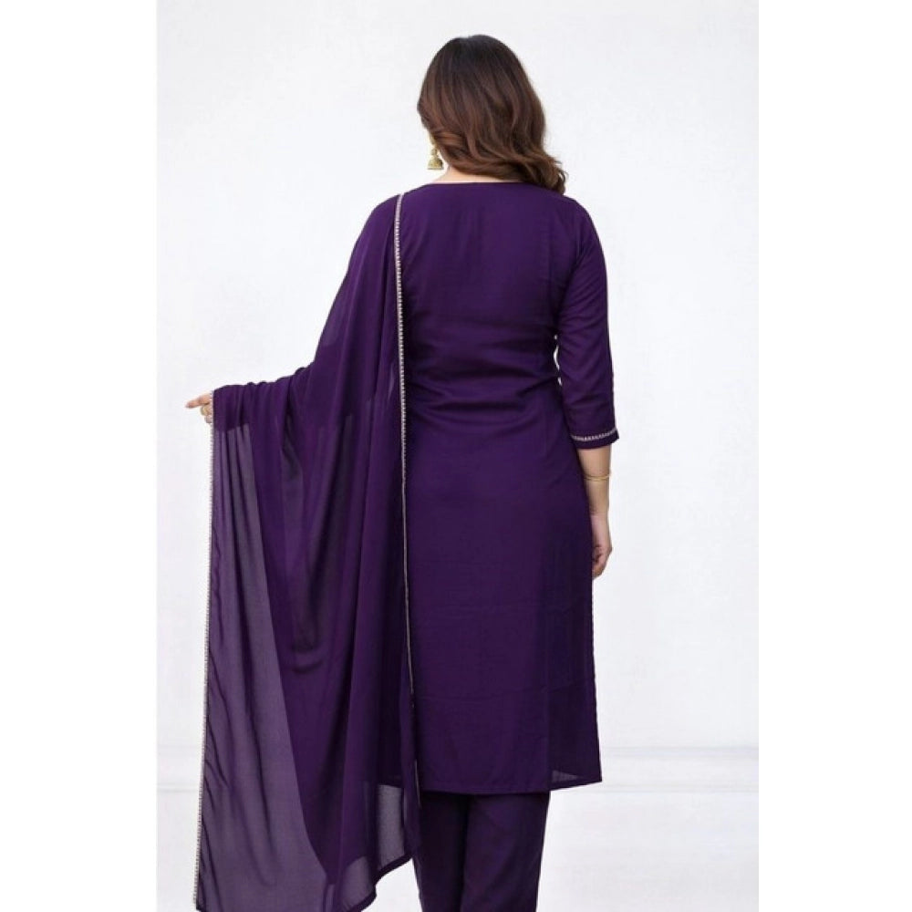 Purple Georgette ethnic motif 3/4th sleeve kurti with pant dupatta set, intricate patterns for traditional Indian wear