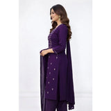Purple Georgette ethnic motif 3/4 sleeve kurti & pant dupatta set, traditional Indian wear for women