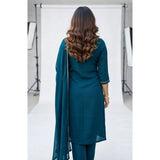 Teal Georgette ethnic motif kurti & pant dupatta set, round 3/4 sleeves with intricate patterns