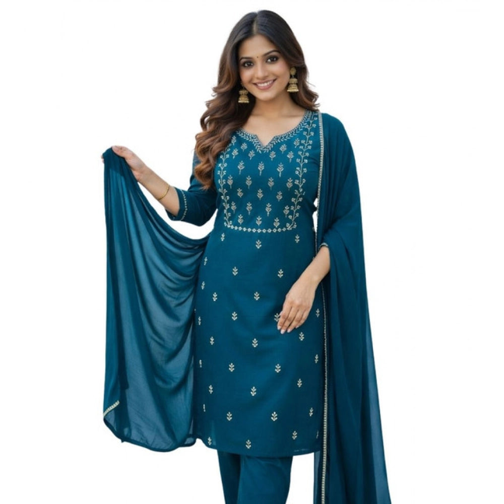 Teal Georgette ethnic motif kurti set with pant dupatta, intricate pattern for women's fashion