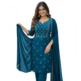 Teal Georgette ethnic motif kurti set with pant dupatta, intricate pattern for women's fashion