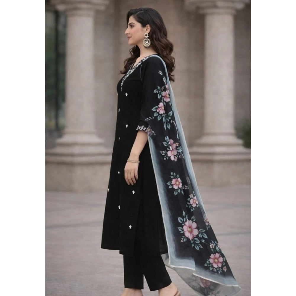 Black Chanderi Silk ethnic motif V-neck kurti & pant dupatta set, traditional Indian attire for women
