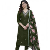 Chanderi Silk ethnic motif V-neck 3/4 sleeve kurti with pant dupatta set, Mahendi color, traditional Indian women's wear