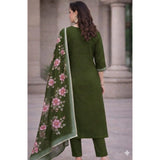 Chanderi silk ethnic motif V-neck kurti & pant dupatta set, Mahendi color, calf length, 3/4 sleeves
