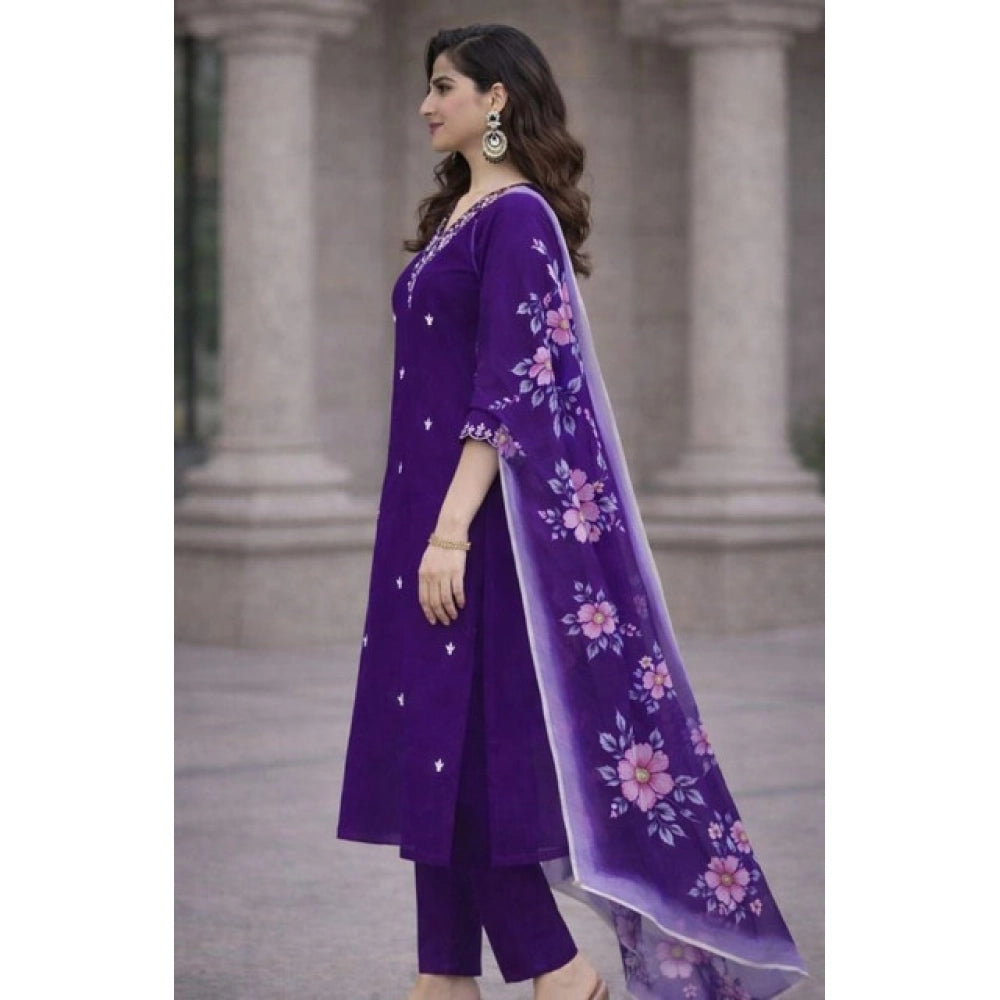 Purple Chanderi Silk ethnic motif kurti & pant dupatta set, vibrant V-neck 3/4 sleeves with traditional Indian patterns