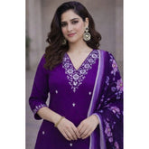 Purple Chanderi Silk ethnic motif kurti set with pant dupatta, calf length V-neck 3/4 sleeves