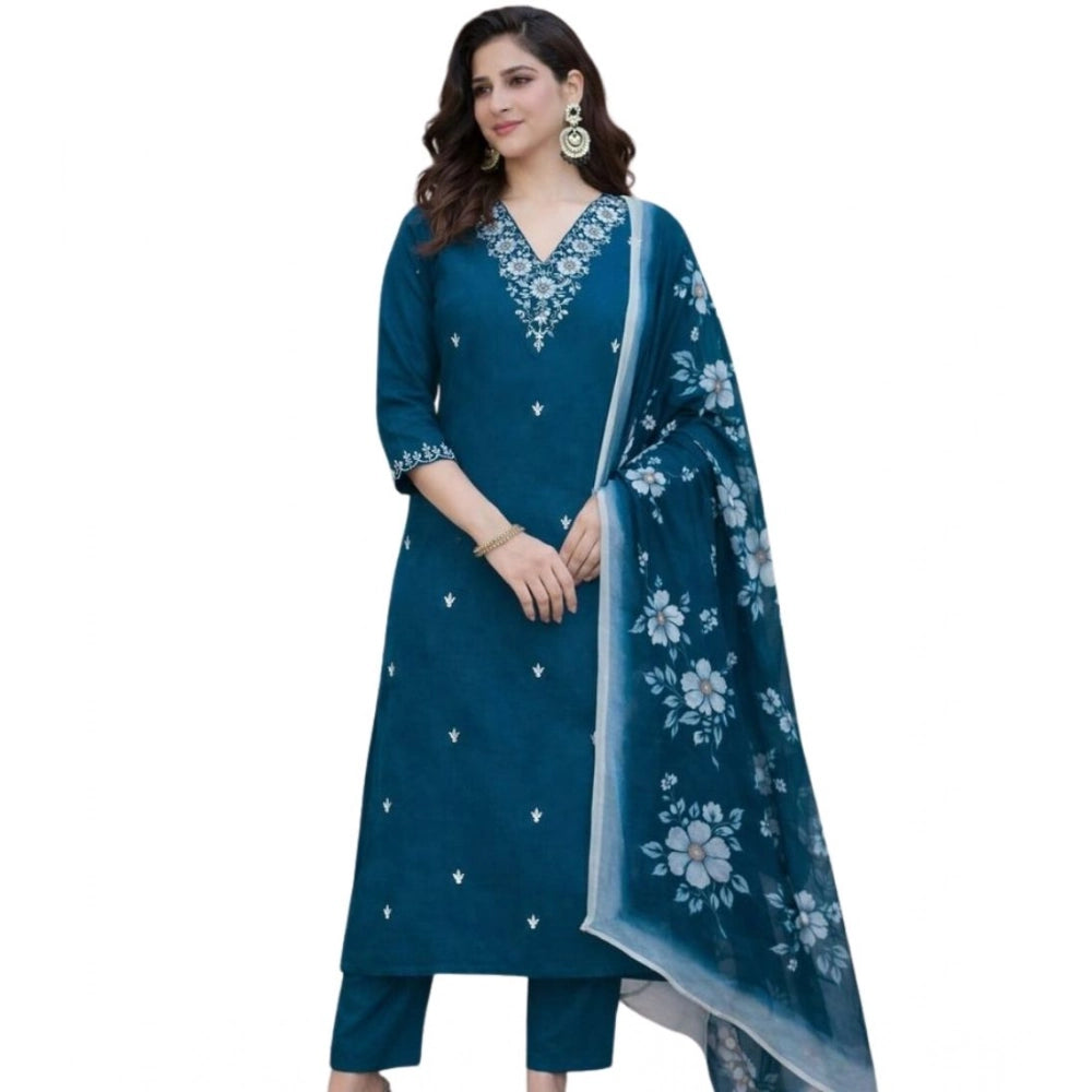 Teal Chanderi Silk ethnic motif kurti & pant dupatta set, calf-length V-neck 3/4 sleeves