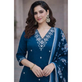 Teal Chanderi Silk ethnic motif kurti set with pant dupatta, calf length V-neck 3/4 sleeves