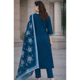 Teal Chanderi Silk ethnic motif V-neck kurti set with calf length pant dupatta, intricate design detailing