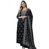 Black Chanderi Silk ethnic motif kurti set with pant dupatta, calf length, round neck, 3/4 sleeves
