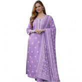 Women's Chanderi Silk Ethnic Motif Round 3/4th Sleeve Kurti With Pant Dupatta Set (Lavender)