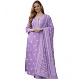 Lavender Chanderi Silk ethnic motif kurti & pant dupatta set with round 3/4th sleeves, calf length, ethnic pattern on display