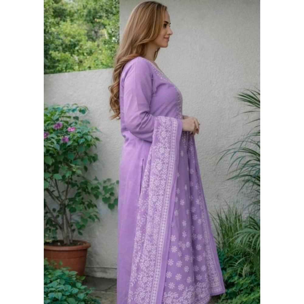 Lavender Chanderi Silk ethnic motif kurti & pant dupatta set, 3/4 sleeves, calf length