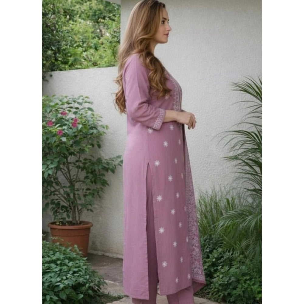 Peach Chanderi Silk ethnic motif round 3/4th sleeve kurti set with pant dupatta, traditional Indian wear