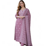 Women's Chanderi Silk Ethnic Motif Round 3/4th Sleeve Kurti With Pant Dupatta Set (Peach)