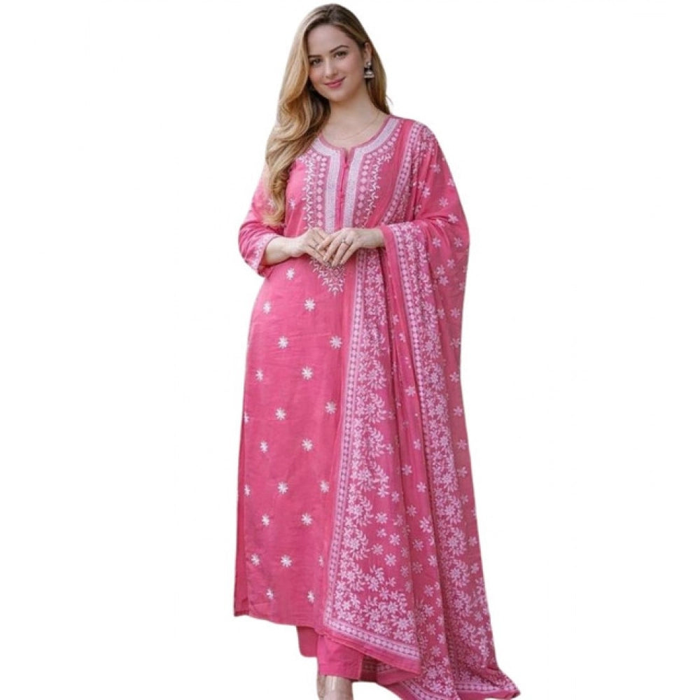 Pink Chanderi Silk Ethnic Motif 3/4th Sleeve Kurti & Pant Dupatta Set, calf length with round neck