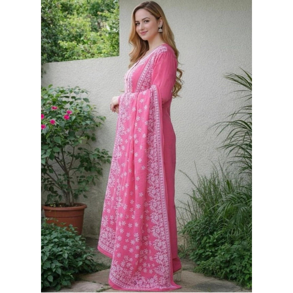 Pink Chanderi Silk ethnic motif kurti set with pant dupatta, calf-length round sleeve design