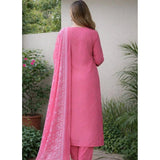 Pink Chanderi Silk Ethnic Motif Kurti & Pant Dupatta Set (Pink), traditional Indian attire with calf-length round 3/4th sleeves