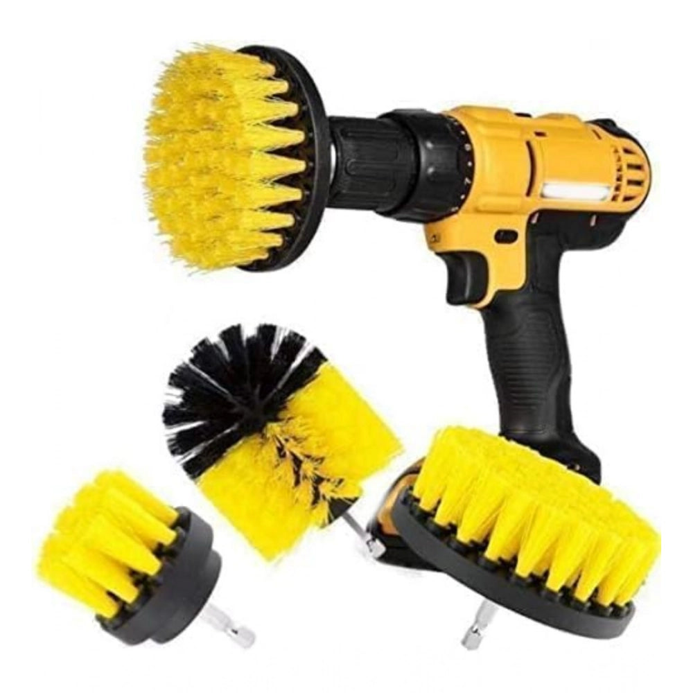 Yellow-black polypropylene power drill scrub brush cleaning set (3pc), reusable for tough dirt removal