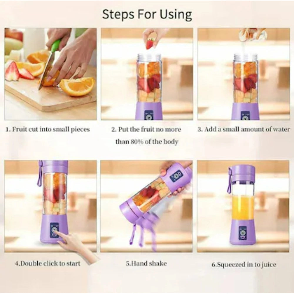 Purple plastic solid electric USB juicer, rechargeable kitchen appliance on countertop