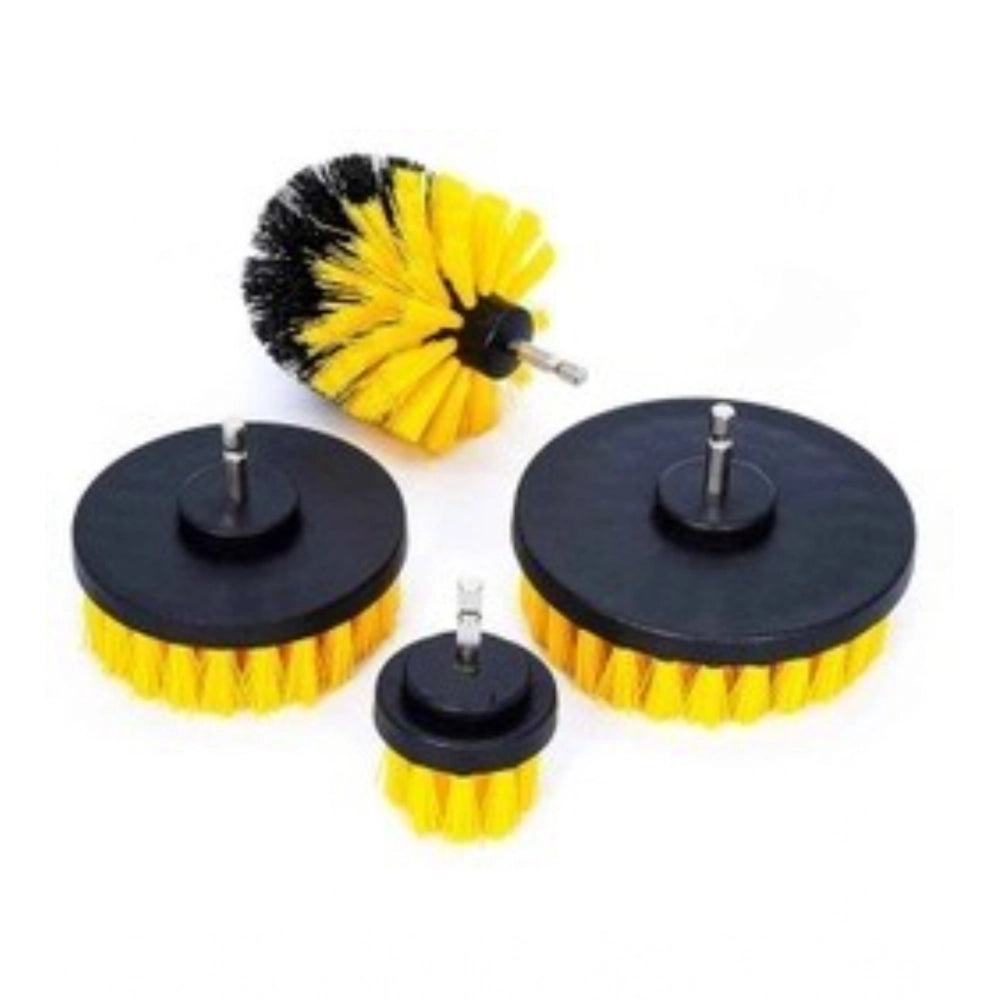 Yellow-black plastic solid power drill scrub brush cleaning set (set of 4), reusable for household and tool maintenance