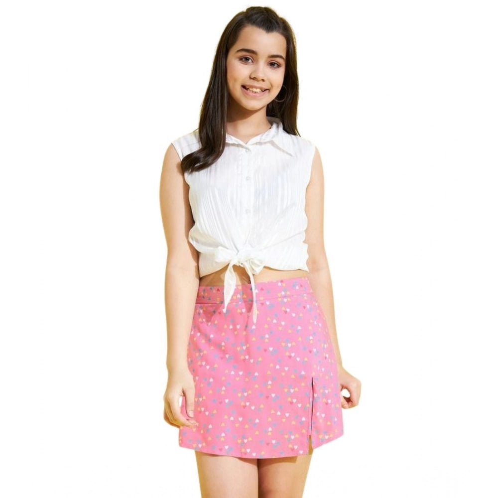 White-Pink Lurex printed polyester/rayon skorts set for girls, sleeveless and above-knee length with shirt collar design