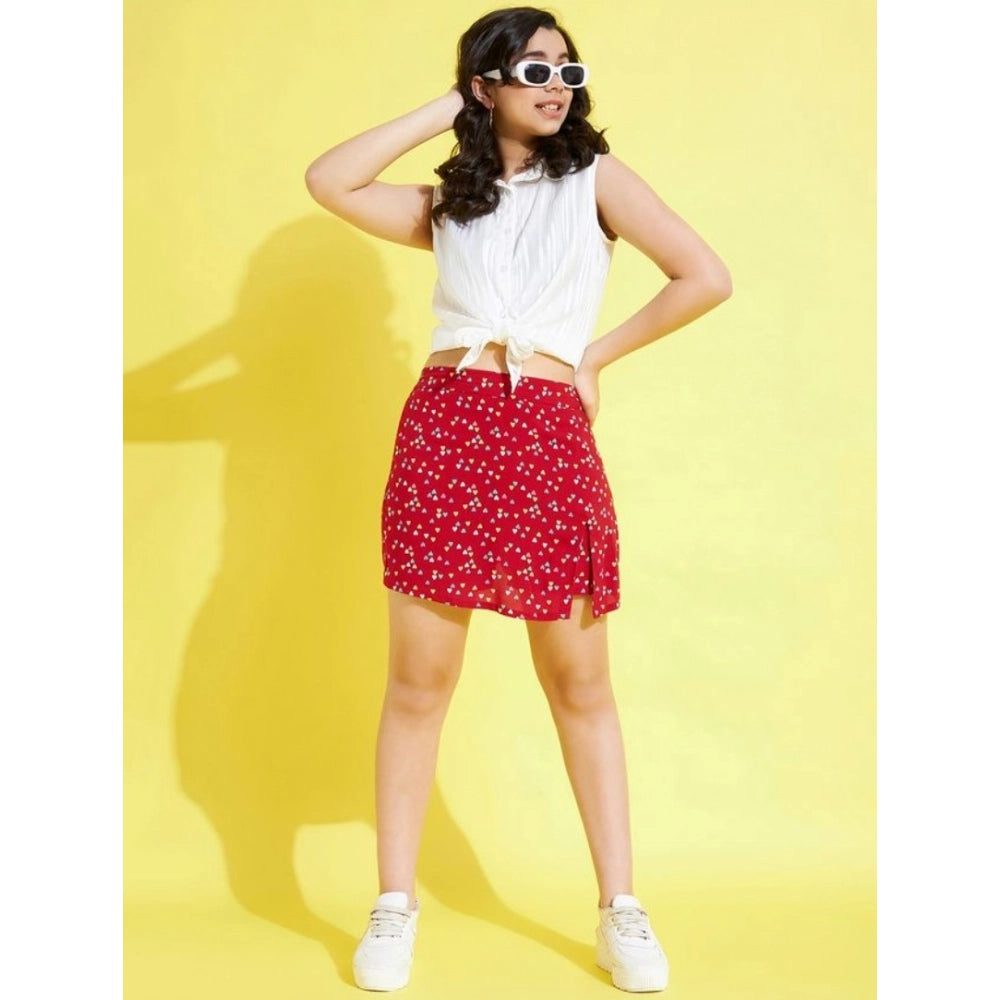 White-Red Lurex Printed Polyester Skorts Set for Girls - Sleeveless, above knee, with shirt collar