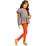 Grey-Orange polyester floral one shoulder jeggings set for girls, patterned fabric on display