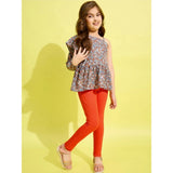 Grey-Orange floral one shoulder jeggings set for girls, polyester and cotton blend patterned outfit with one shoulder design