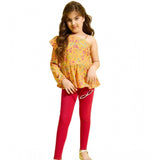 Yellow-Red floral one shoulder jeggings set for girls, polyester blend