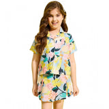 Blue-Multicolor floral print polyester cotton blend skort set for girls, short sleeves and shirt collar style