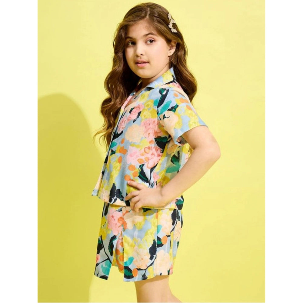 Blue-Multicolor floral print polyester cotton blend skorts set for girls, short sleeves, above knee length