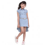 Blue denim hi-lo short sleeve dress with belt for girls, casual and trendy