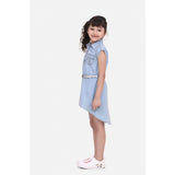 Blue denim hi-lo short sleeve dress with belt for girls, casual denim outfit on mannequin