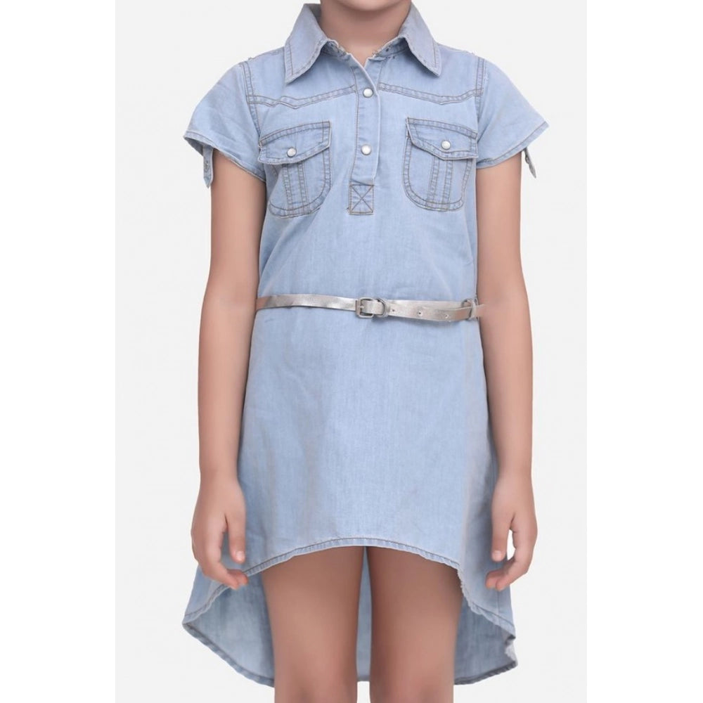 Blue denim hi-lo short sleeve dress with belt for girls, casual and comfortable style