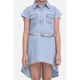 Blue denim hi-lo short sleeve dress with belt for girls, casual and comfortable style